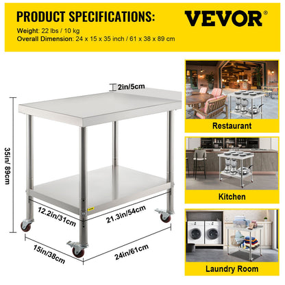 VEVOR Stainless Steel Prep Table, 24 x 15 x 35 Inch, 440lbs Load Capacity Heavy