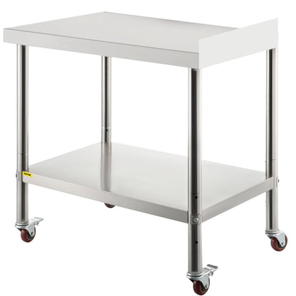 Stainless Steel Kitchen Work Table with Backsplash and Adjustable Shelf, 200 kg Load