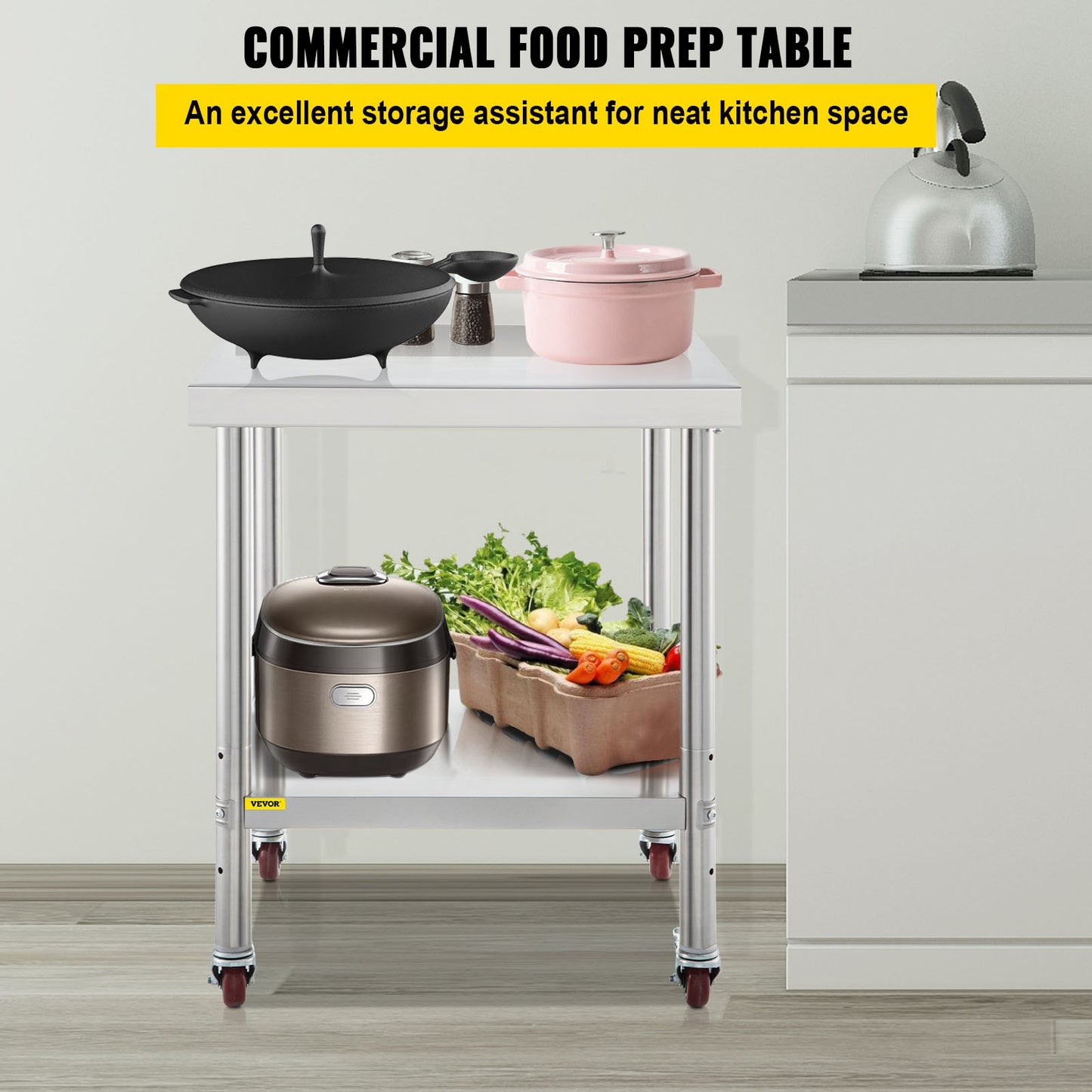 VEVOR Stainless Steel Prep Table, 24 x 24 x 35 Inch, 440lbs Load Capacity Heavy