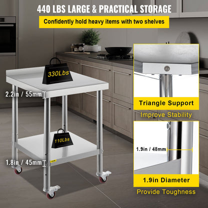 VEVOR Stainless Steel Prep Table, 24 x 24 x 35 Inch, 440lbs Load Capacity Heavy