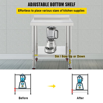 VEVOR Stainless Steel Prep Table, 24 x 24 x 35 Inch, 440lbs Load Capacity Heavy
