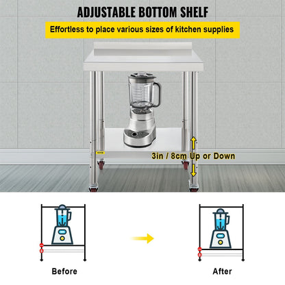 Stainless Steel Worktable with Backsplash, 61 x 61 x 89 cm, 200 kg Capacity