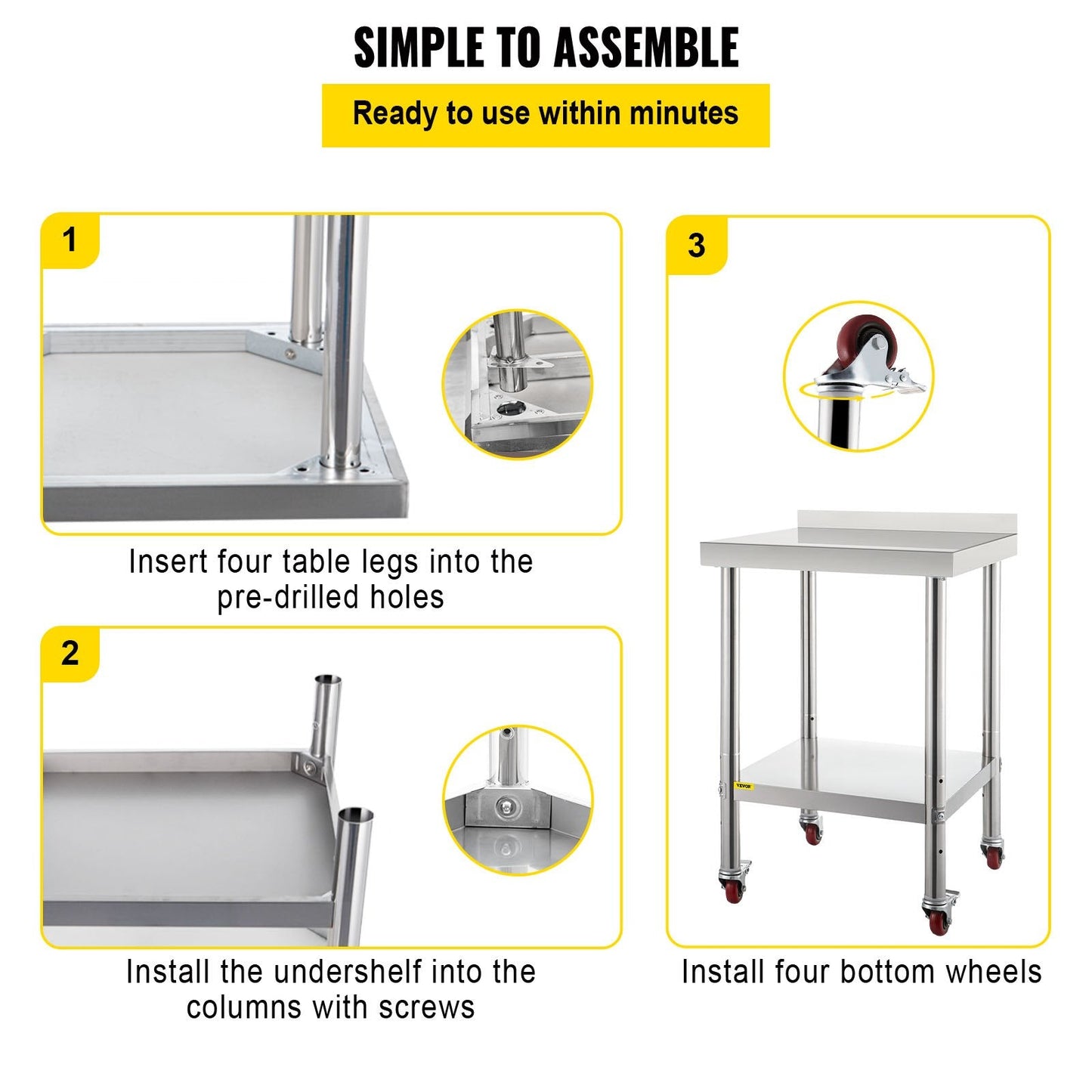 Stainless Steel Worktable with Backsplash, 61 x 61 x 89 cm, 200 kg Capacity