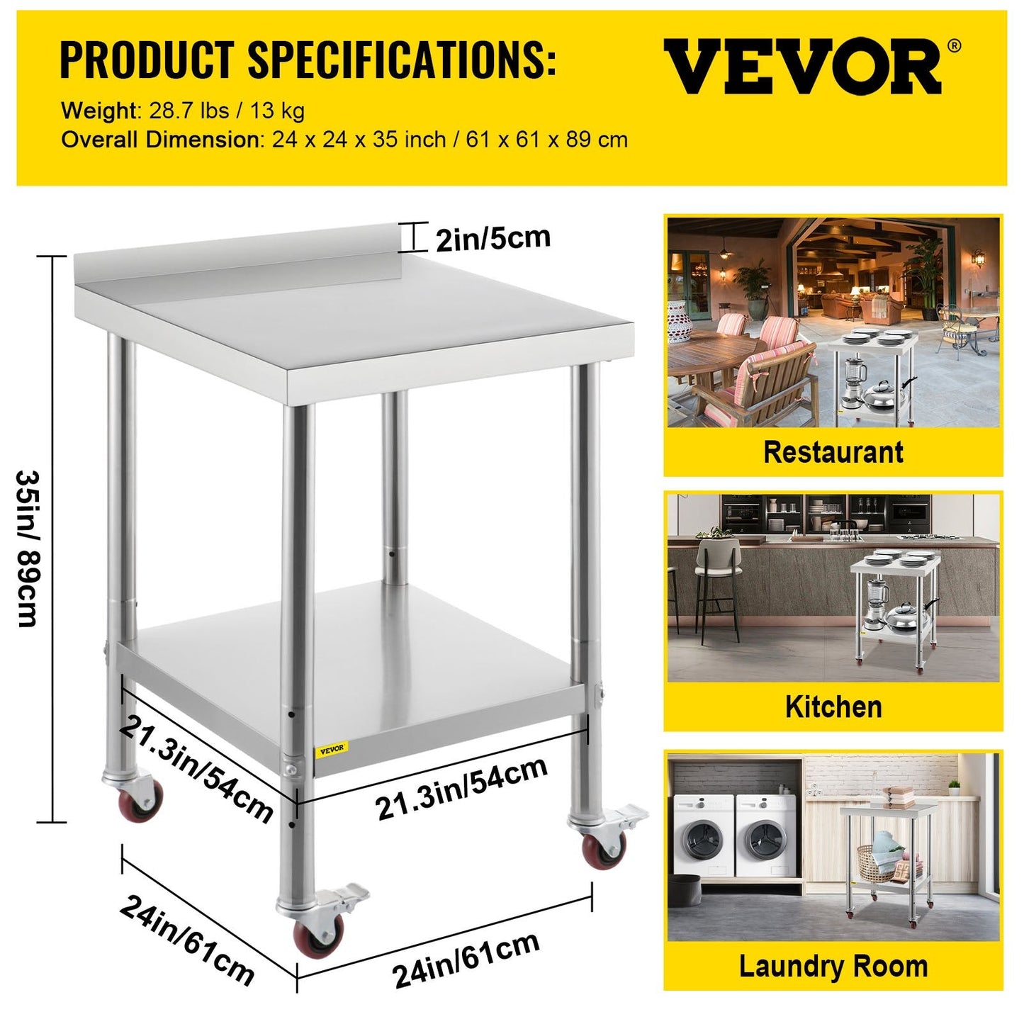 Stainless Steel Worktable with Backsplash, 61 x 61 x 89 cm, 200 kg Capacity