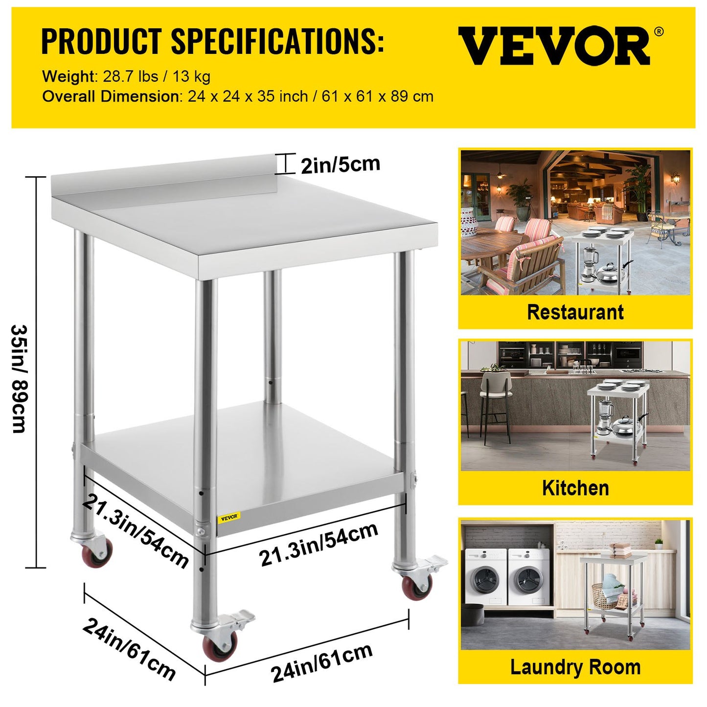 VEVOR Stainless Steel Prep Table, 24 x 24 x 35 Inch, 440lbs Load Capacity Heavy