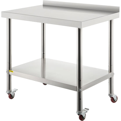 Stainless Steel Work Table with Backsplash & Wheels, 200kg Capacity, 76x61x89cm