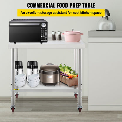 VEVOR Stainless Steel Work Prep Table Kitchen Work Table 36x24in w/ 4 Casters