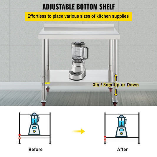 Stainless Steel Kitchen Prep Table with Casters, 91x61 cm, Adjustable Shelves