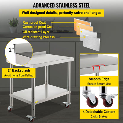 VEVOR Stainless Steel Work Prep Table Kitchen Work Table 36x24in w/ 4 Casters