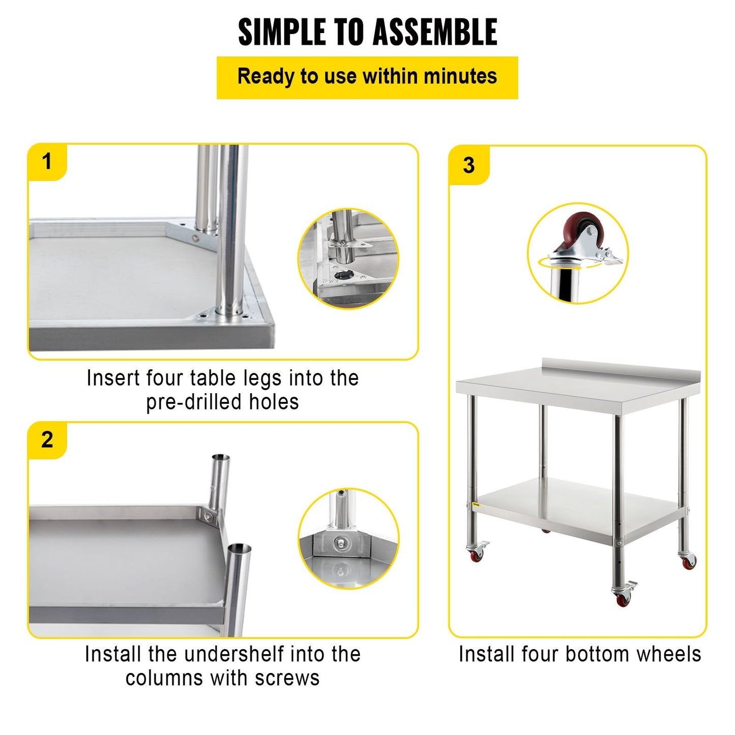 Stainless Steel Kitchen Prep Table with Casters, 91x61 cm, Adjustable Shelves