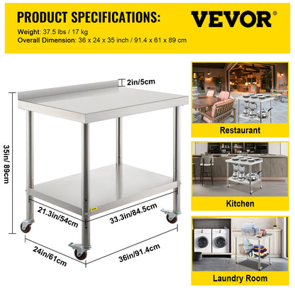 VEVOR Stainless Steel Work Prep Table Kitchen Work Table 36x24in w/ 4 Casters