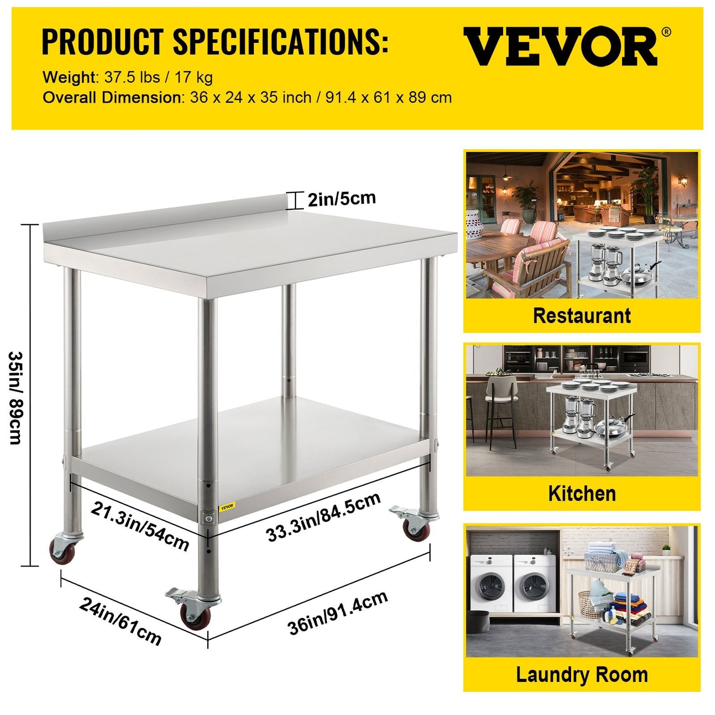 Stainless Steel Kitchen Prep Table with Casters, 91x61 cm, Adjustable Shelves