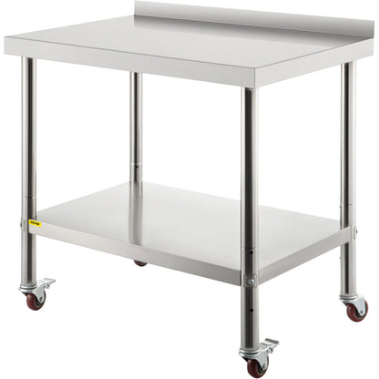 VEVOR Stainless Steel Work Prep Table Kitchen Work Table 36x24in w/ 4 Casters