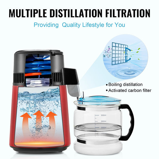 4L Home Water Distiller with Stainless Steel Interior, 750W, Red