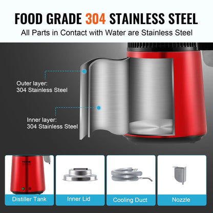 4L Home Water Distiller with Stainless Steel Interior, 750W, Red