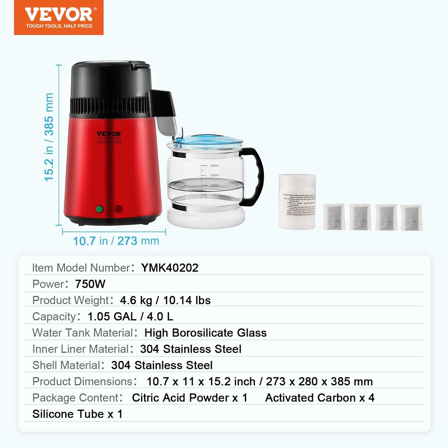 4L Home Water Distiller with Stainless Steel Interior, 750W, Red
