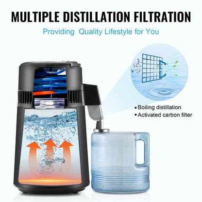 750W countertop water distiller with 4L stainless steel tank for clean drinking water at home