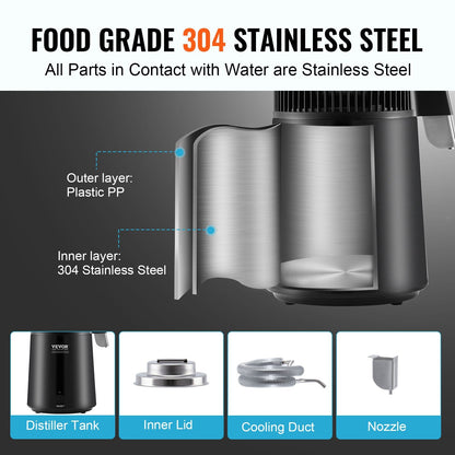 Home water distiller removes most tap water impurities for drinking, coffee, and everyday use