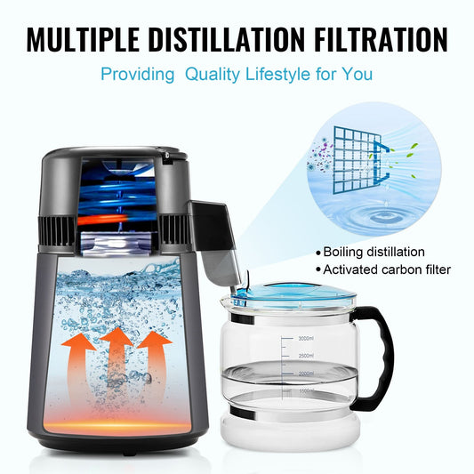 Stainless Steel 4L Water Distiller, Home Countertop Purifier, 750W, Gray
