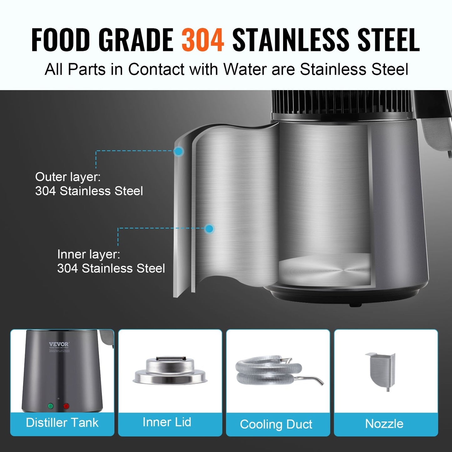 Stainless Steel 4L Water Distiller, Home Countertop Purifier, 750W, Gray