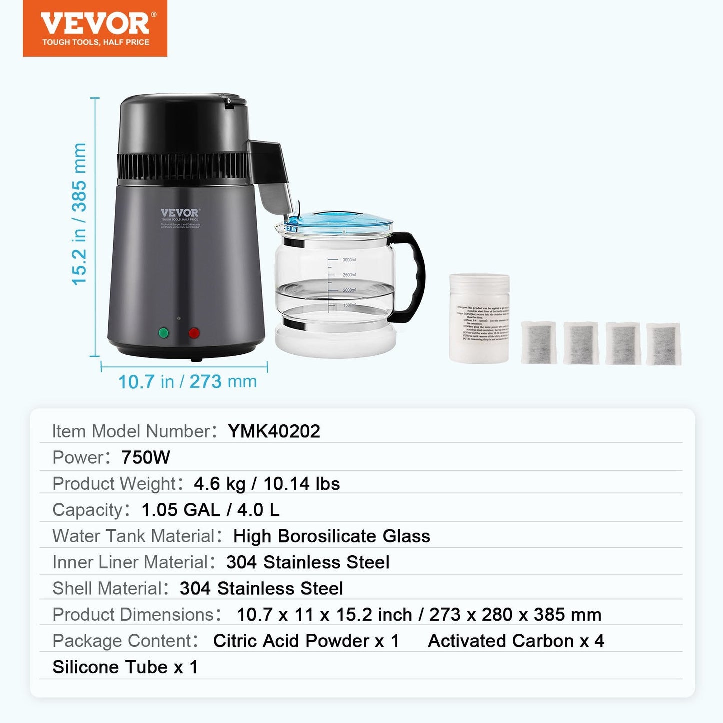 Stainless Steel 4L Water Distiller, Home Countertop Purifier, 750W, Gray