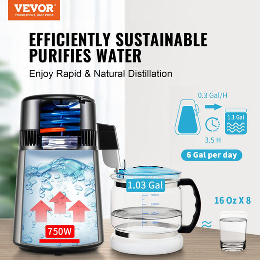 VEVOR Water Distiller, 4L 1.05 Gallon Pure Water Purifier Filter For Home Countertop,