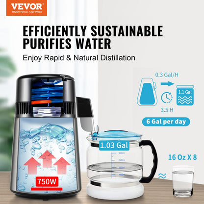 Home Countertop Water Distiller, 4L Pure Water Purifier, Stainless Steel, 750W