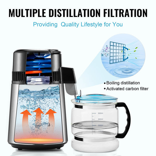Home Countertop Water Distiller, 4L Pure Water Purifier, Stainless Steel, 750W