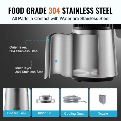 Home Countertop Water Distiller, 4L Pure Water Purifier, Stainless Steel, 750W