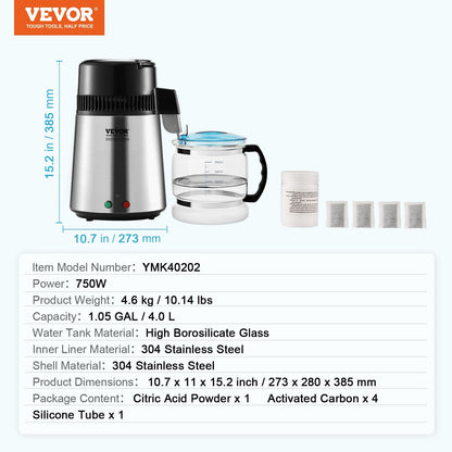 Home Countertop Water Distiller, 4L Pure Water Purifier, Stainless Steel, 750W