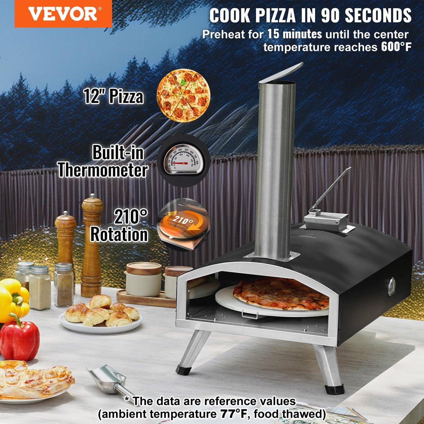 Portable Outdoor Wood Fired Pizza Oven with Rotating Stone, 12 kg, Black