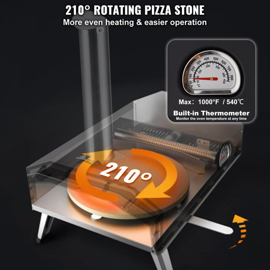 Portable Outdoor Wood Fired Pizza Oven with Rotating Stone, 12 kg, Black