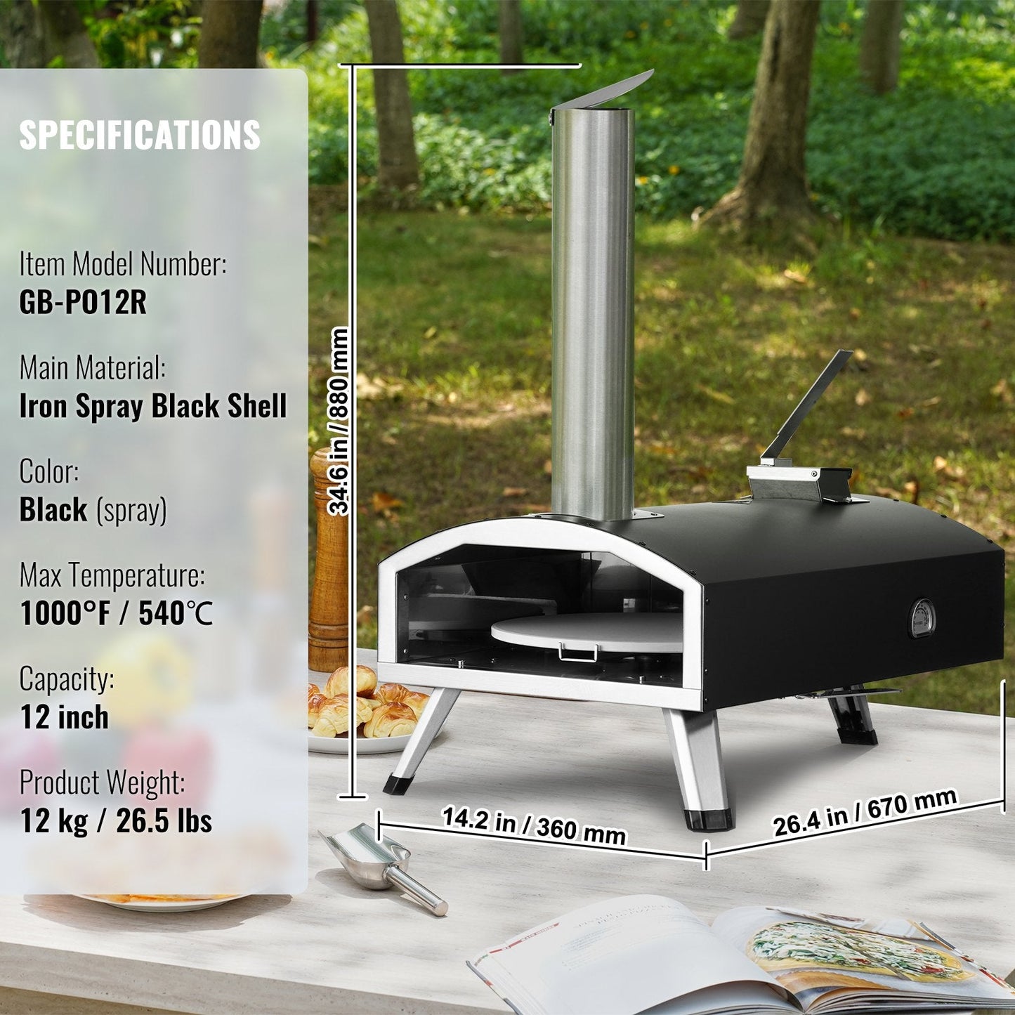 Portable Outdoor Wood Fired Pizza Oven with Rotating Stone, 12 kg, Black