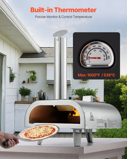 Pizza Oven Outdoor, 12" Pellet Pizza Oven, Portable Pizza-Stove with Built-in Thermometer, Wood Fired Stainless Steel Pizza-Maker, for Backyard, Camping, Pizza-Stone, Shovel, Carry Bag, Silver