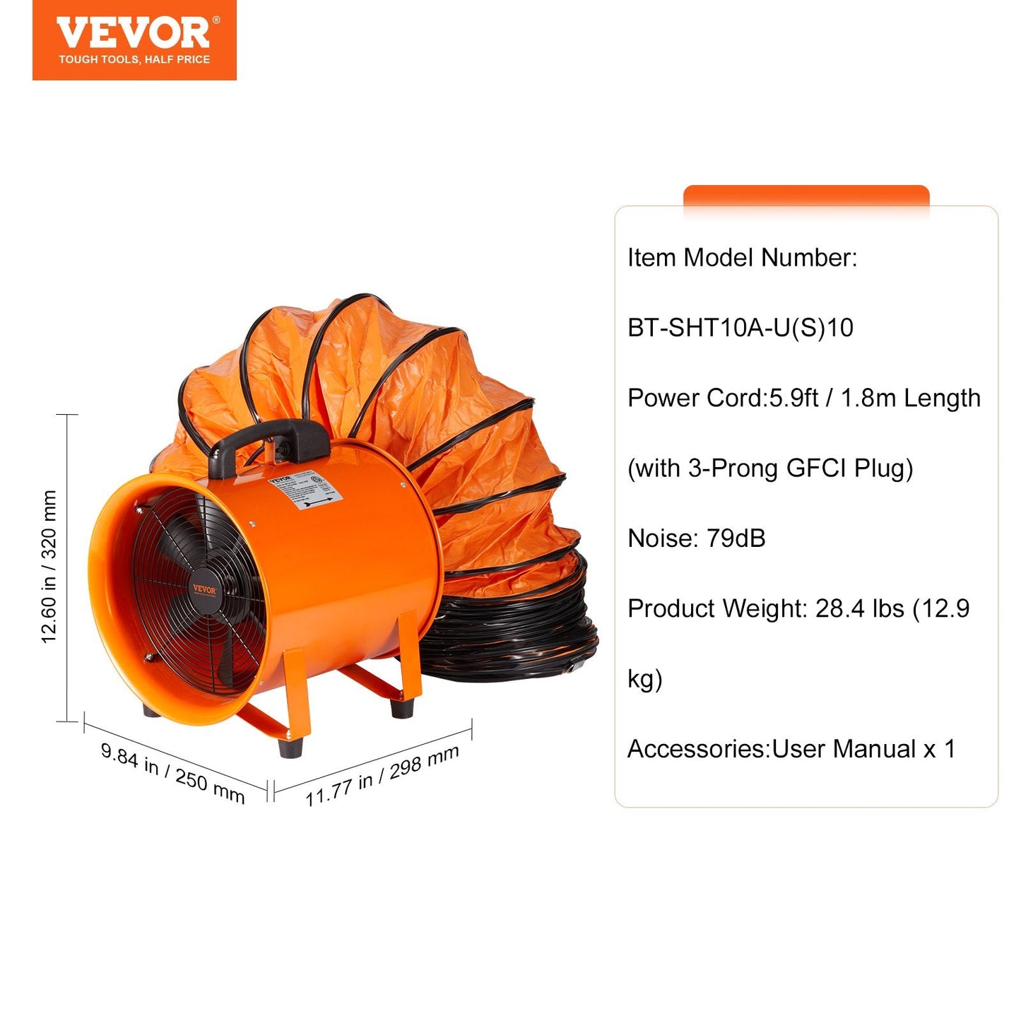 Portable Industrial Ventilator with 10m Hose, 255W, 1720CFM, 14.7kg
