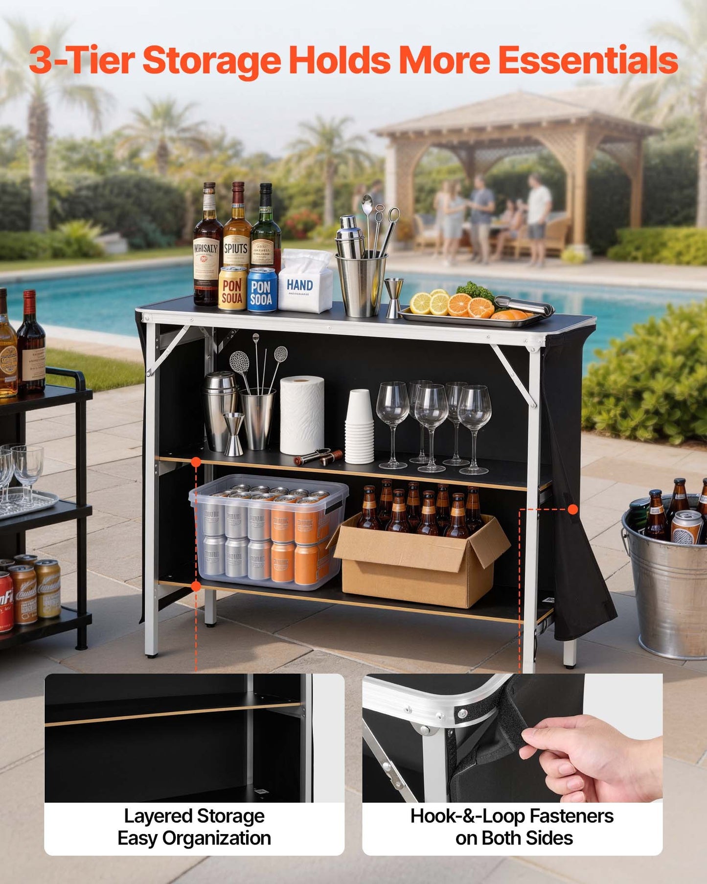 Folding Portable Bar Table, 1100 x 385 x 885 mm, with Carry Bag, 2 Storage Shelves, and Detachable Skirt, Quick and Easy Setup, Foldable Mobile Bartending Station for Events, Party, Tradeshow