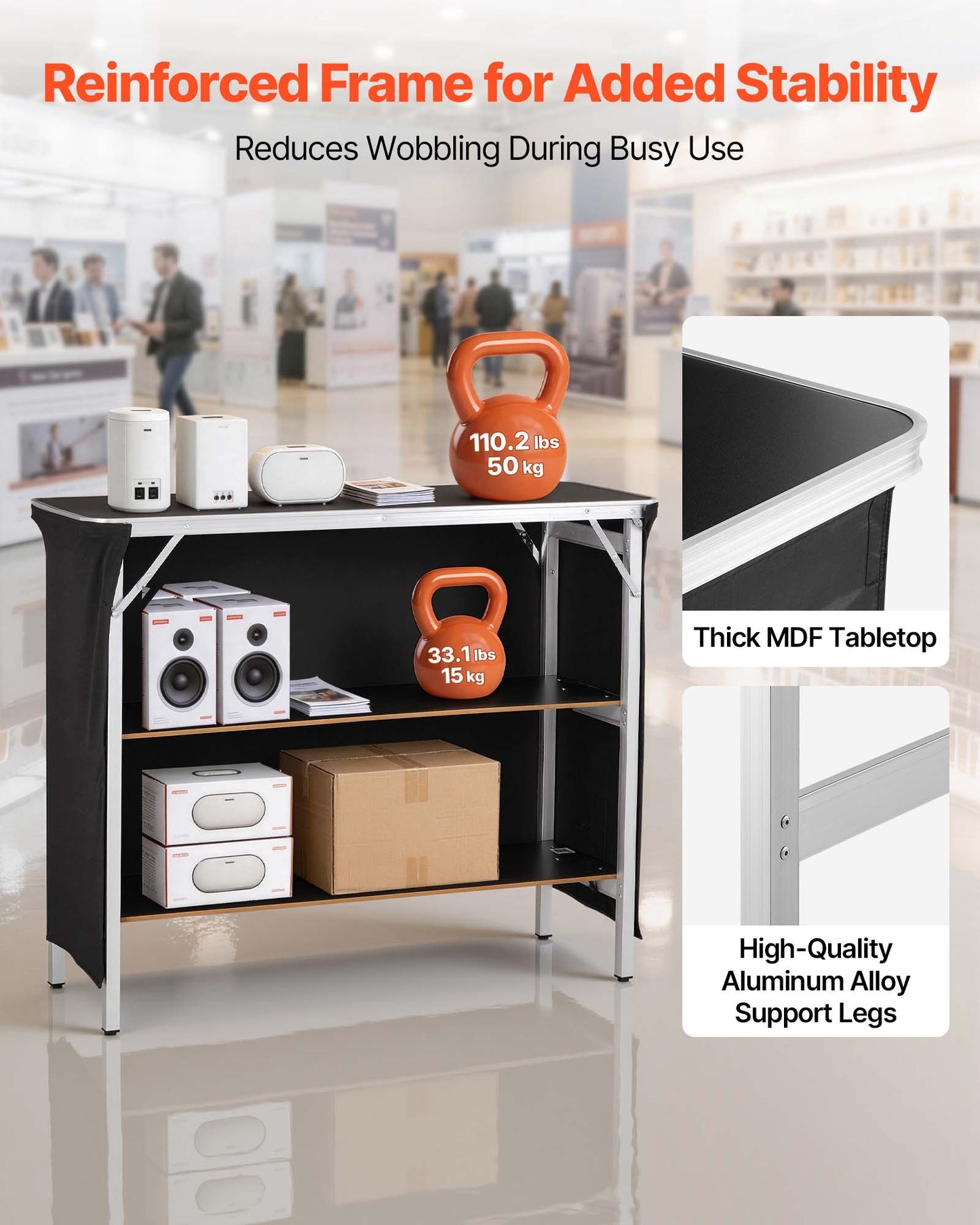 Folding Portable Bar Table, 1100 x 385 x 885 mm, with Carry Bag, 2 Storage Shelves, and Detachable Skirt, Quick and Easy Setup, Foldable Mobile Bartending Station for Events, Party, Tradeshow
