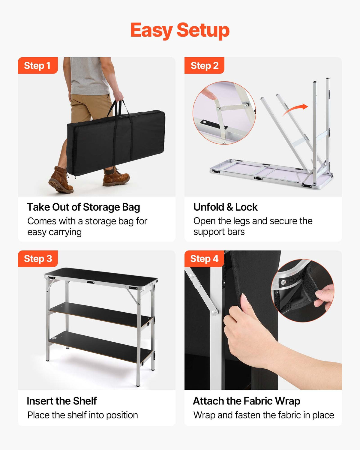 Folding Portable Bar Table, 1100 x 385 x 885 mm, with Carry Bag, 2 Storage Shelves, and Detachable Skirt, Quick and Easy Setup, Foldable Mobile Bartending Station for Events, Party, Tradeshow