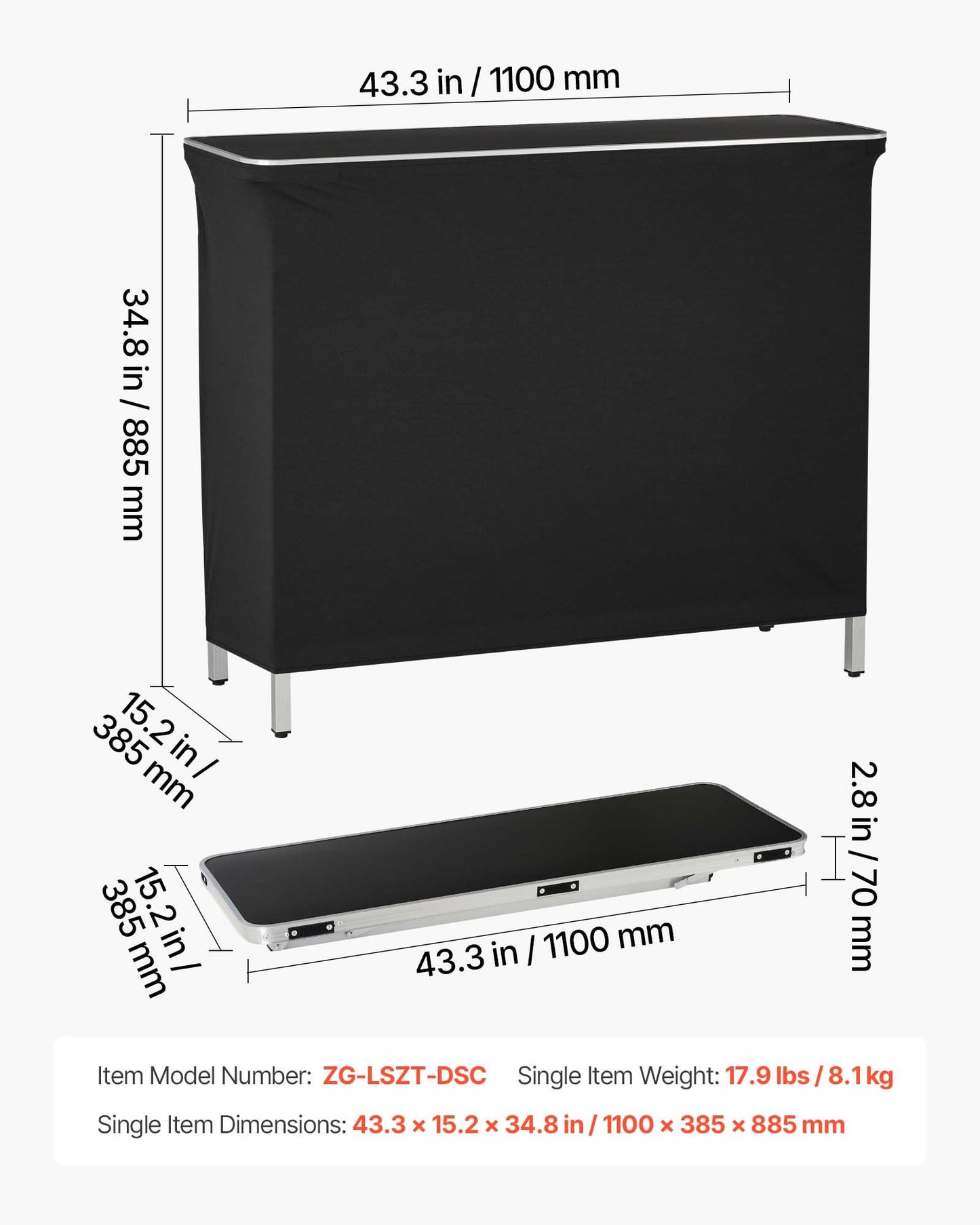 Folding Portable Bar Table, 1100 x 385 x 885 mm, with Carry Bag, 2 Storage Shelves, and Detachable Skirt, Quick and Easy Setup, Foldable Mobile Bartending Station for Events, Party, Tradeshow