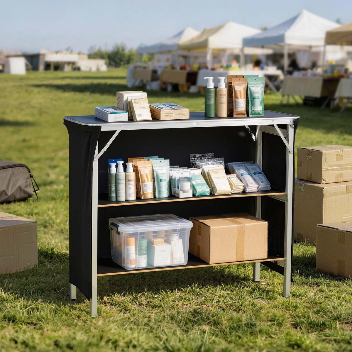 Folding Portable Bar Table, 1100 x 385 x 885 mm, with Carry Bag, 2 Storage Shelves, and Detachable Skirt, Quick and Easy Setup, Foldable Mobile Bartending Station for Events, Party, Tradeshow