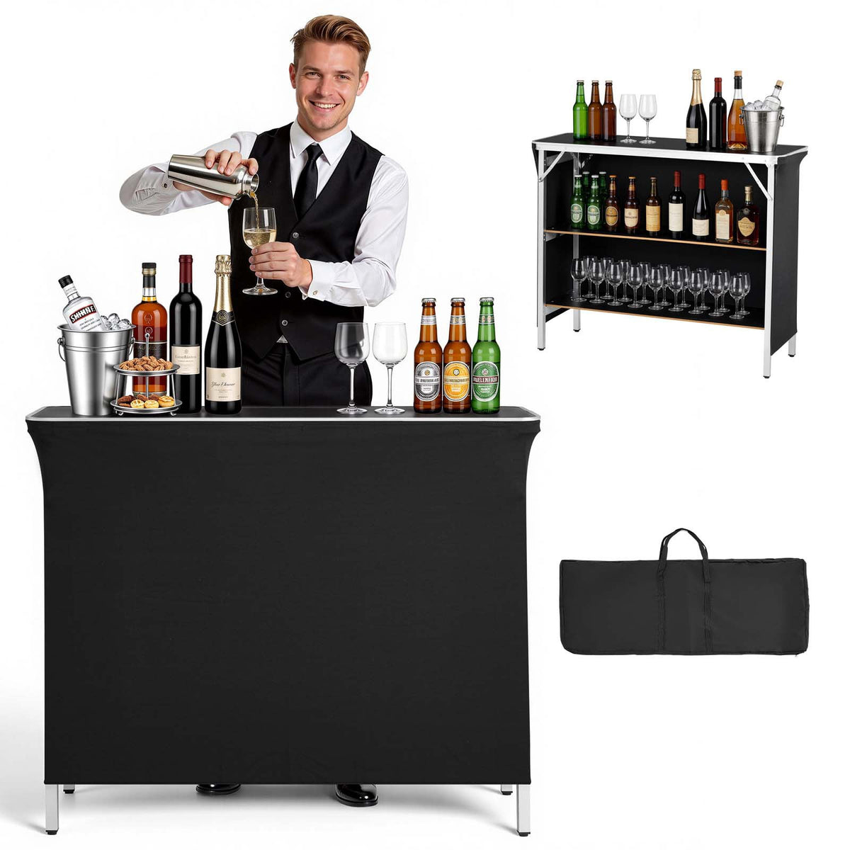 Folding Portable Bar Table, 1100 x 385 x 885 mm, with Carry Bag, 2 Storage Shelves, and Detachable Skirt, Quick and Easy Setup, Foldable Mobile Bartending Station for Events, Party, Tradeshow