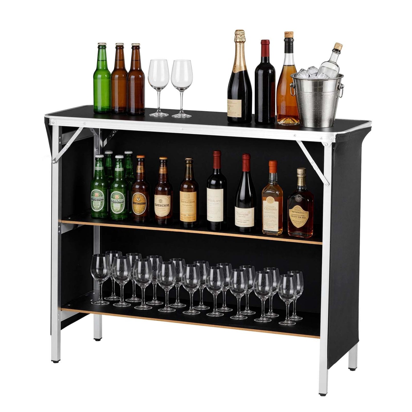 Folding Portable Bar Table, 1100 x 385 x 885 mm, with Carry Bag, 2 Storage Shelves, and Detachable Skirt, Quick and Easy Setup, Foldable Mobile Bartending Station for Events, Party, Tradeshow