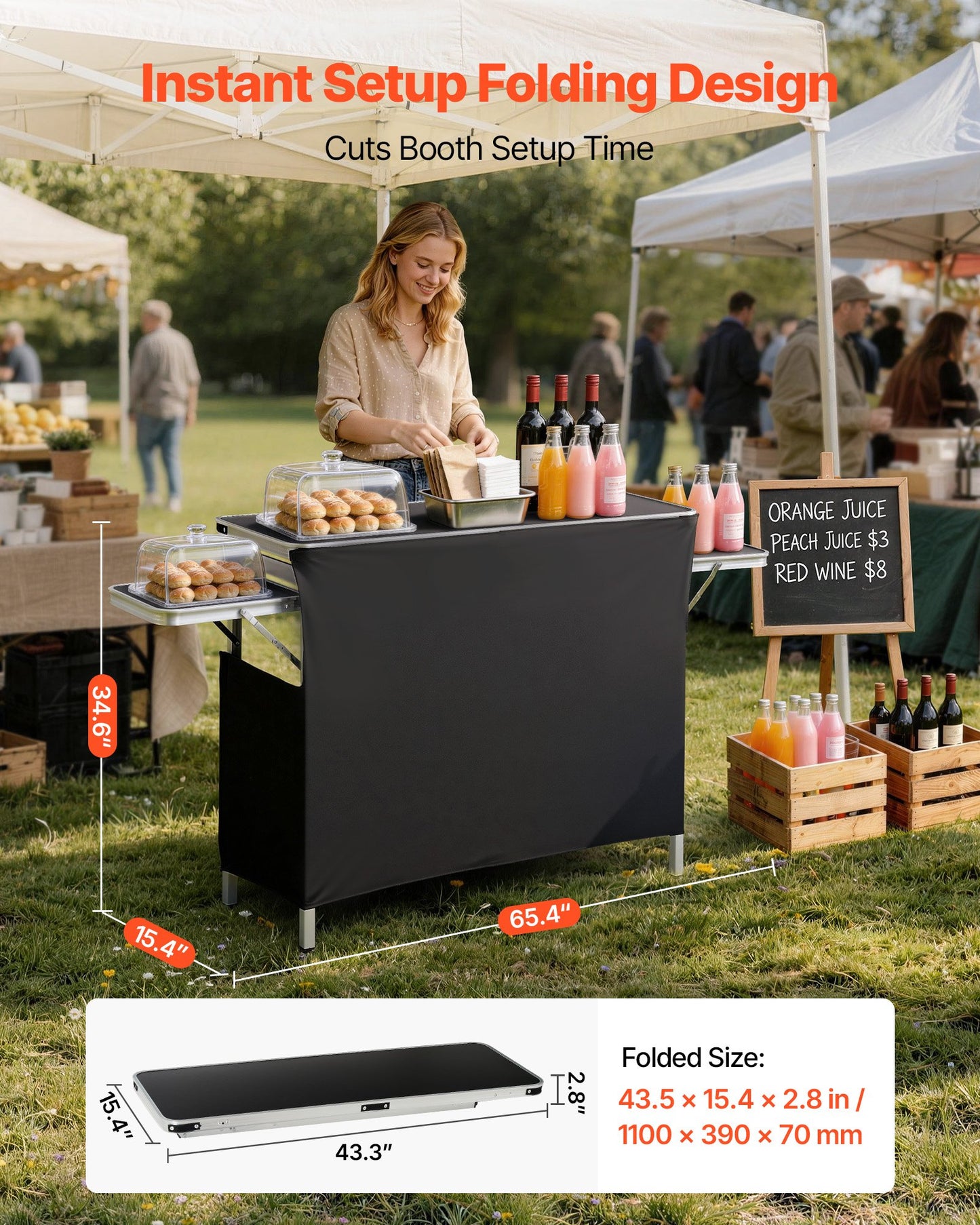 Folding Portable Bar Table, 1100 x 390 x 880 mm, with Carry Bag, Storage Shelf, and Detachable Skirt, Quick and Easy Setup, Foldable Mobile Bartending Station for Events, Party, Tradeshow