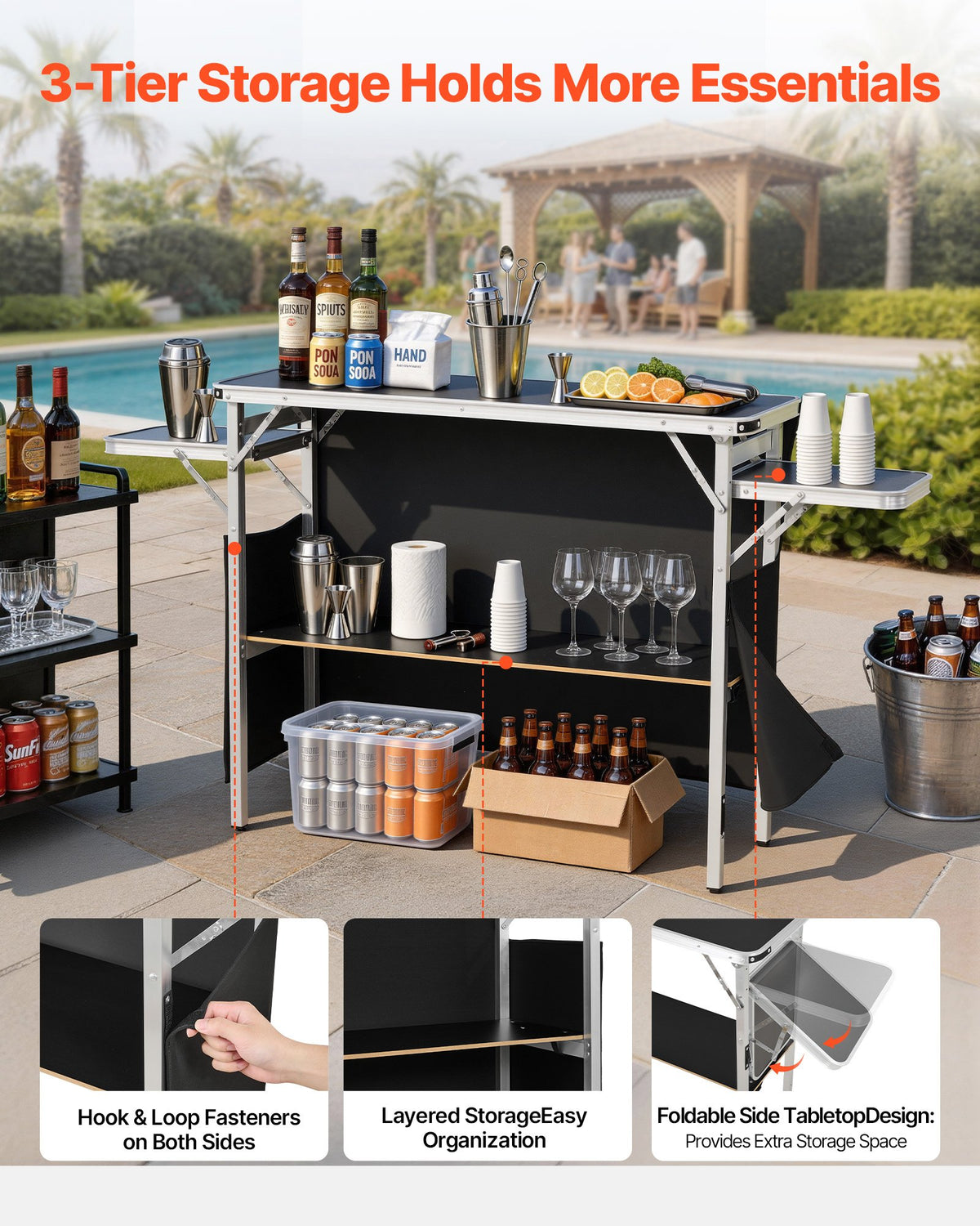 Folding Portable Bar Table, 1100 x 390 x 880 mm, with Carry Bag, Storage Shelf, and Detachable Skirt, Quick and Easy Setup, Foldable Mobile Bartending Station for Events, Party, Tradeshow