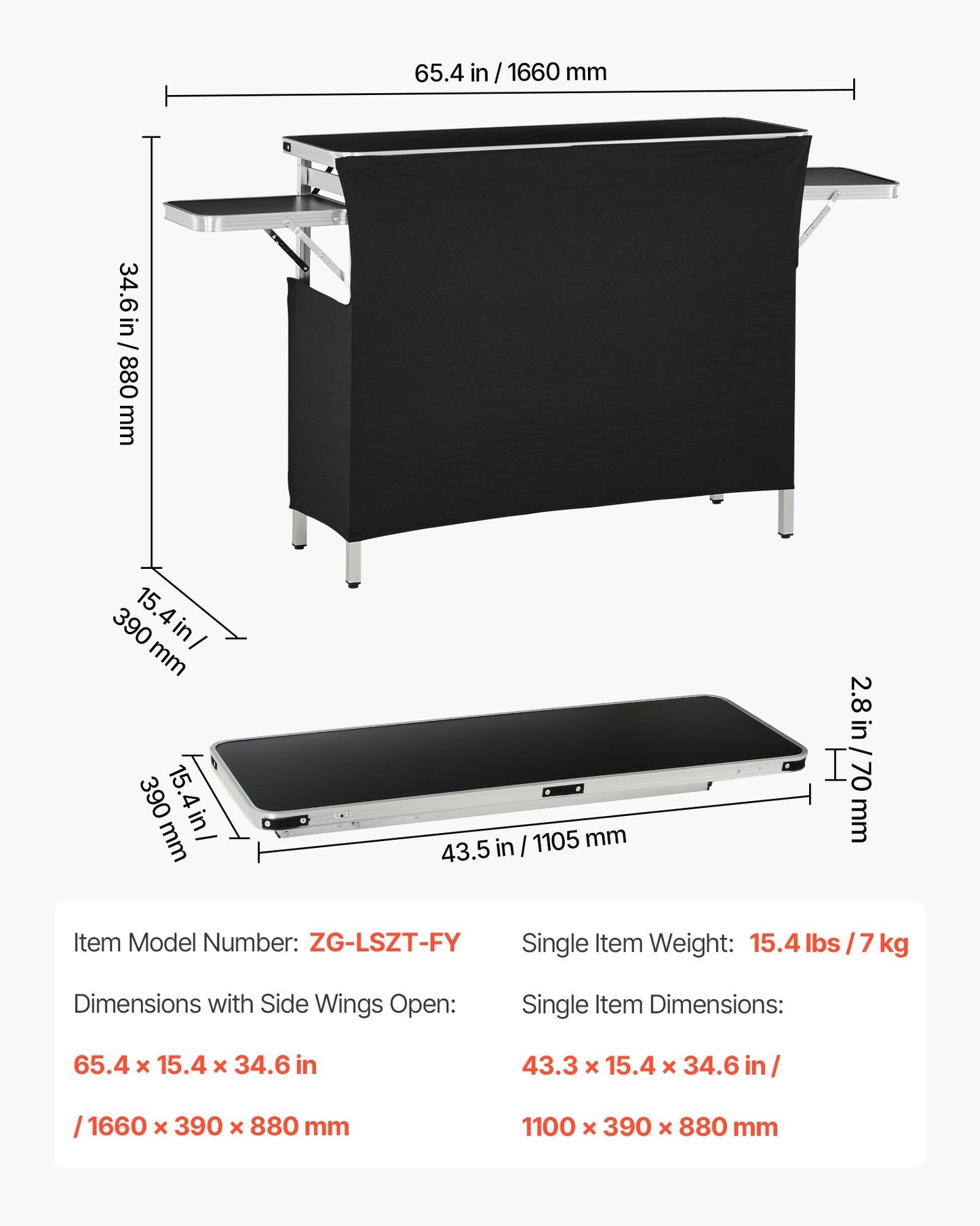 Folding Portable Bar Table, 1100 x 390 x 880 mm, with Carry Bag, Storage Shelf, and Detachable Skirt, Quick and Easy Setup, Foldable Mobile Bartending Station for Events, Party, Tradeshow