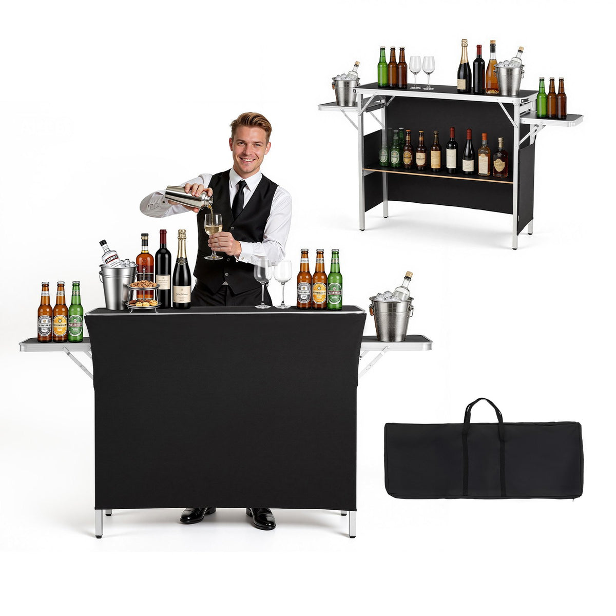 Folding Portable Bar Table, 1100 x 390 x 880 mm, with Carry Bag, Storage Shelf, and Detachable Skirt, Quick and Easy Setup, Foldable Mobile Bartending Station for Events, Party, Tradeshow