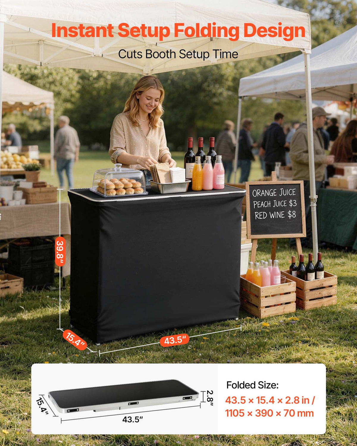 Folding Portable Bar Table, 1105 x 390 x 1010 mm, with Carry Bag, 2 Storage Shelves, and Detachable Skirt, Quick and Easy Setup, Foldable Mobile Bartending Station for Events, Party, Tradeshow