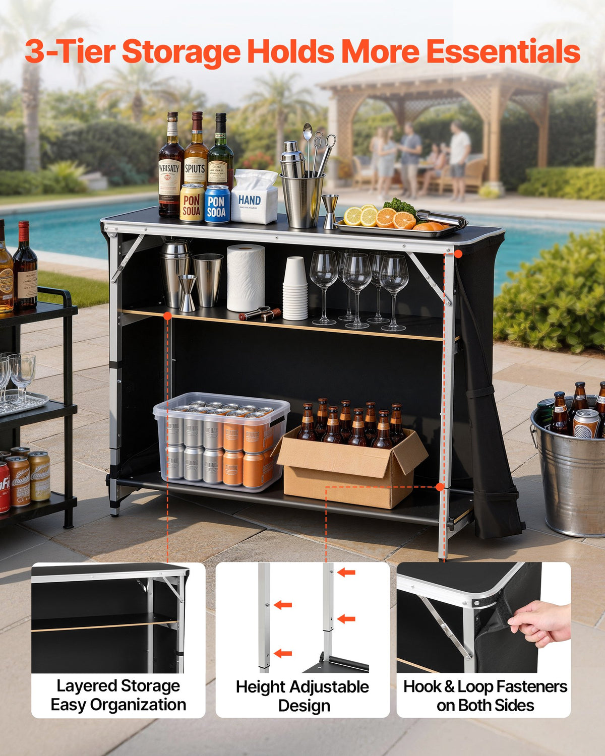 Folding Portable Bar Table, 1105 x 390 x 1010 mm, with Carry Bag, 2 Storage Shelves, and Detachable Skirt, Quick and Easy Setup, Foldable Mobile Bartending Station for Events, Party, Tradeshow