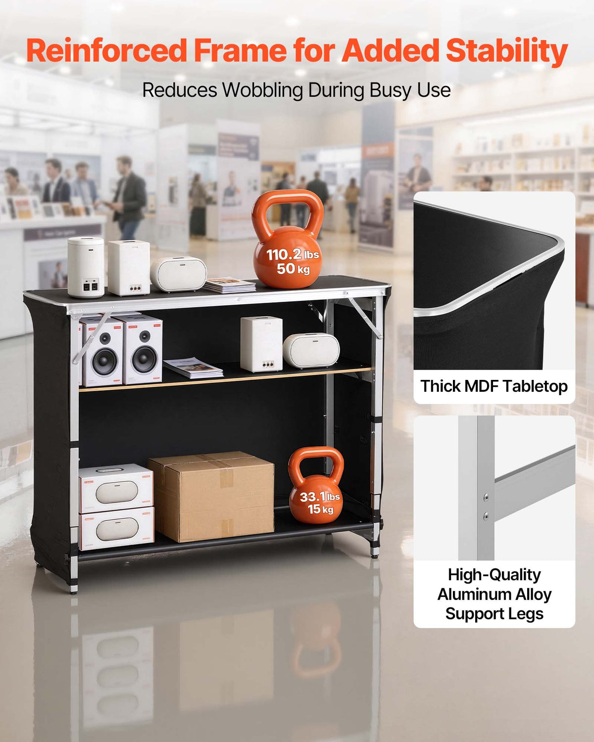 Folding Portable Bar Table, 1105 x 390 x 1010 mm, with Carry Bag, 2 Storage Shelves, and Detachable Skirt, Quick and Easy Setup, Foldable Mobile Bartending Station for Events, Party, Tradeshow