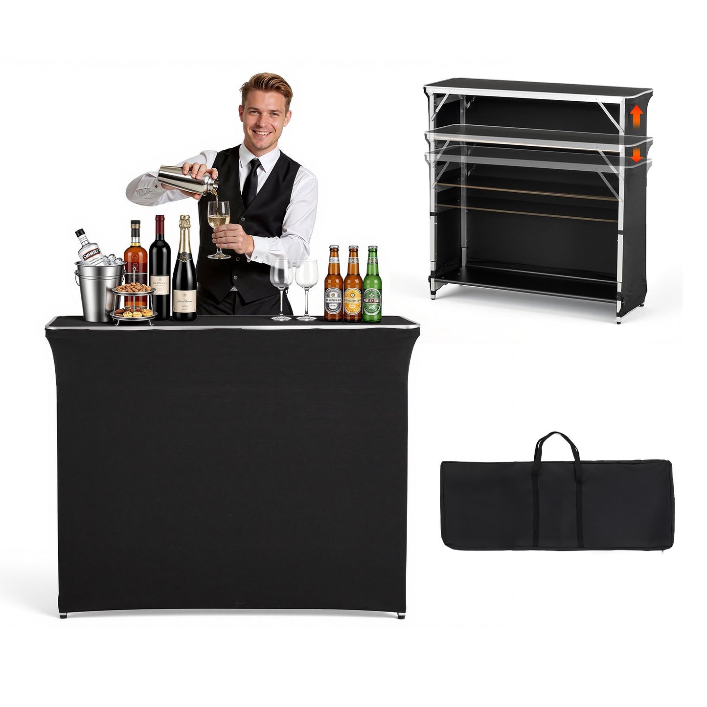 Folding Portable Bar Table, 1105 x 390 x 1010 mm, with Carry Bag, 2 Storage Shelves, and Detachable Skirt, Quick and Easy Setup, Foldable Mobile Bartending Station for Events, Party, Tradeshow